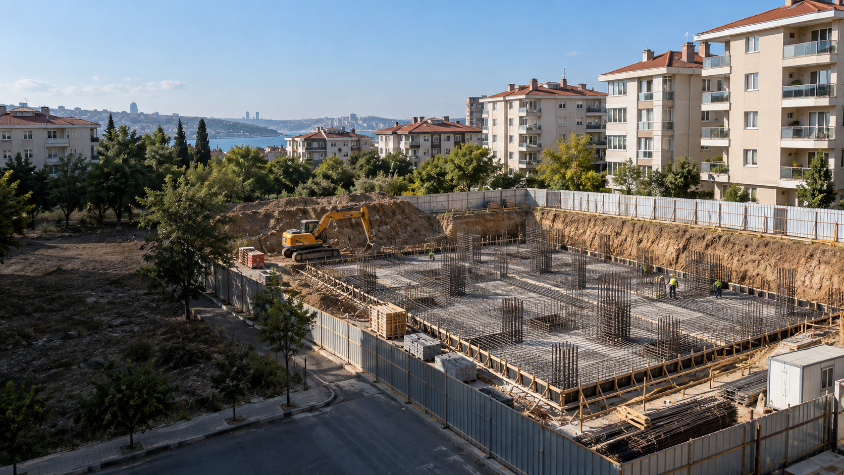 Temel ve altyapı aşamasını gösteren yapay zekâ ile üretilmiş temsili inşaat görseli